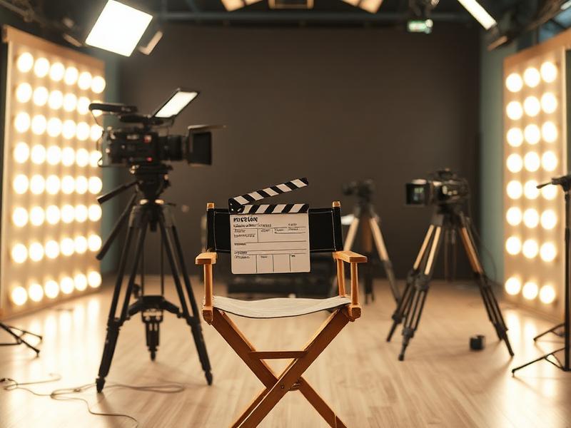 Movie production set with director chair, clapperboard, and cameras