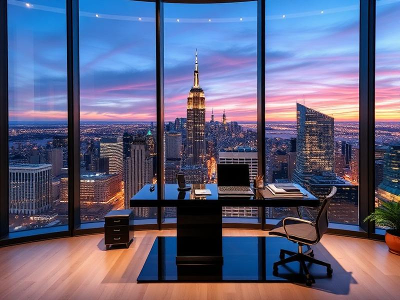 Modern corporate penthouse office with city skyline view