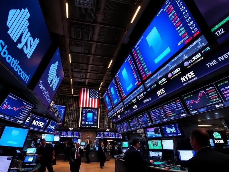 Stock market trading floor with financial data displays