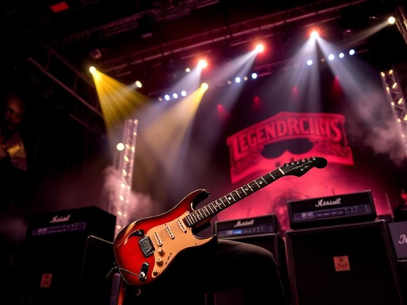 Alan Jackson - Electric guitar on rock concert stage with amplifiers and smoke