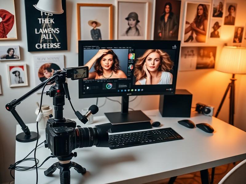 Creative workspace with photo editing equipment for celebrity content