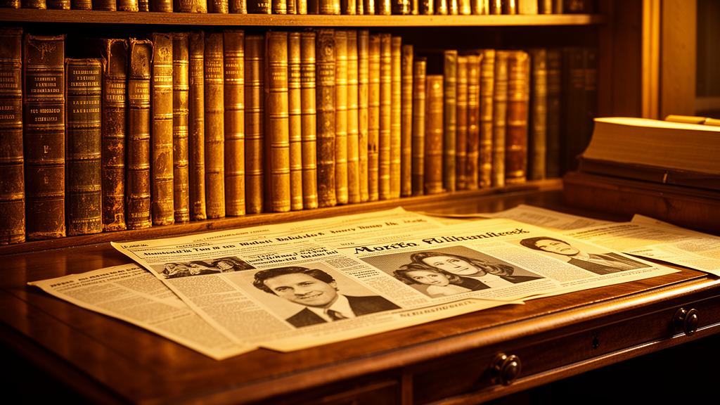 Vintage library with celebrity newspaper archives and leather-bound books