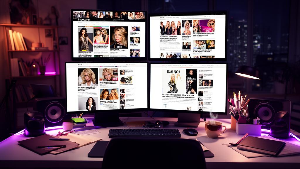 Entertainment blog workspace with celebrity news articles on multiple screens
