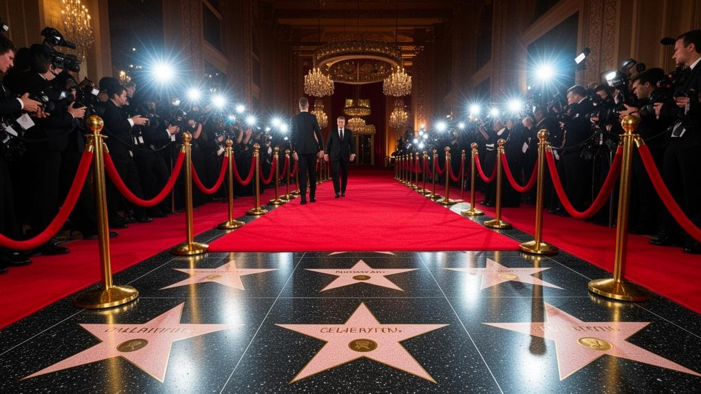 Red carpet event with walk of fame stars and paparazzi photography