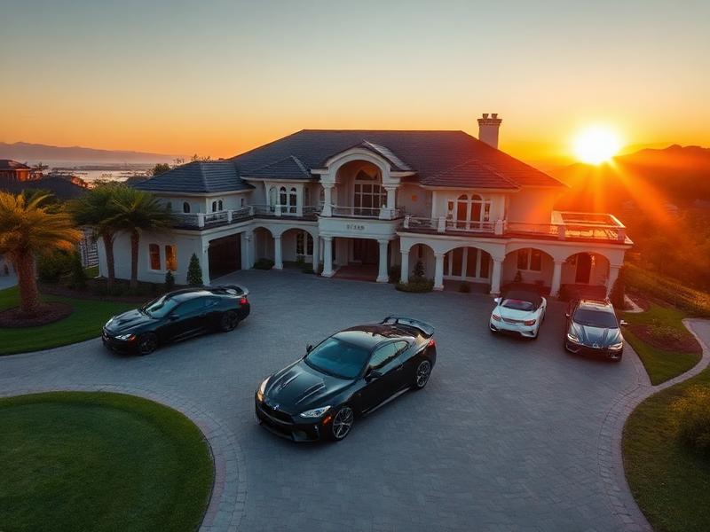 Luxury celebrity mansion with sports cars showcasing celebrity wealth and lifestyle