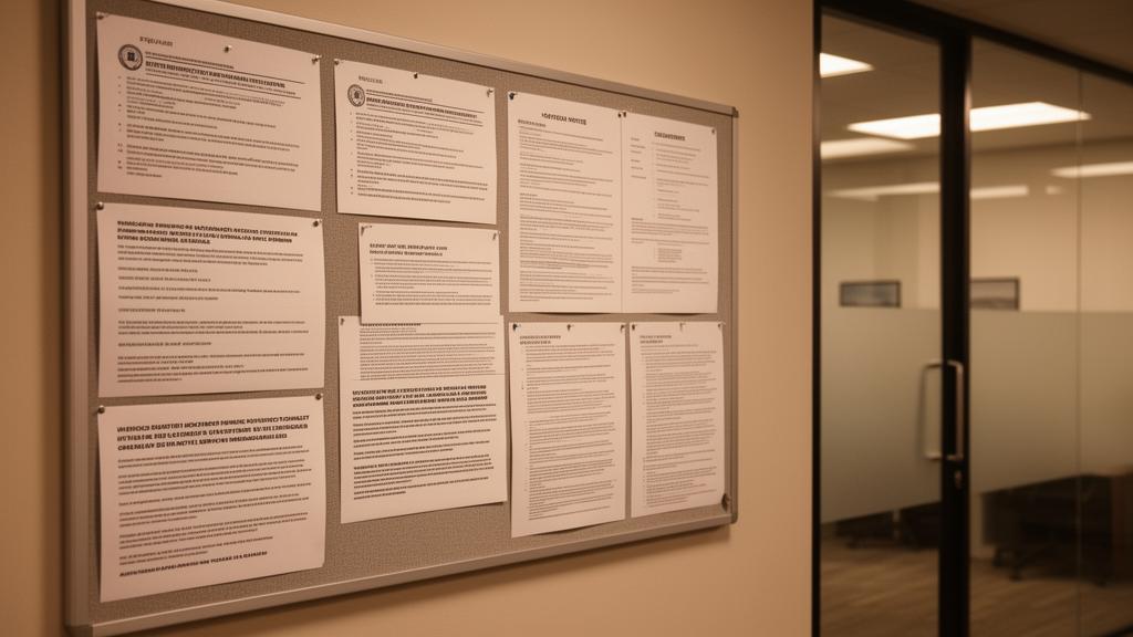Official bulletin board with disclaimer notices in professional office