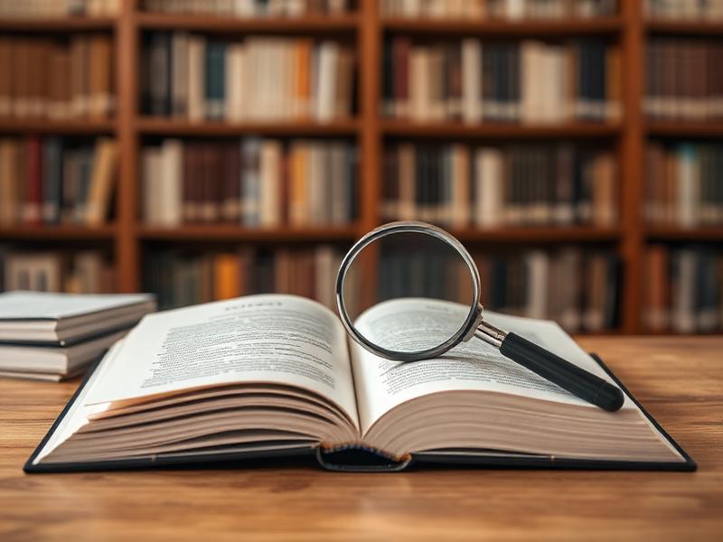 Open book with magnifying glass for editorial fact-checking and review