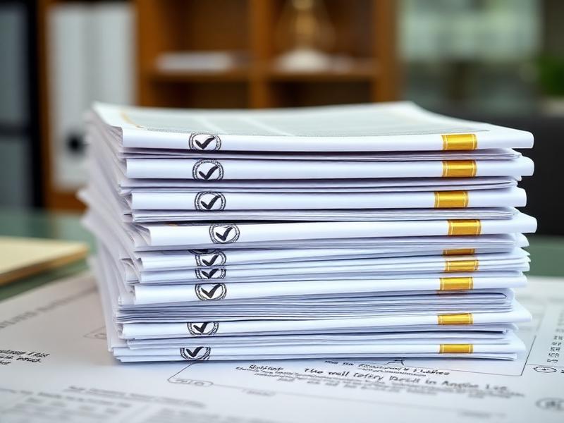 Stack of official legal compliance documents with verification stamps